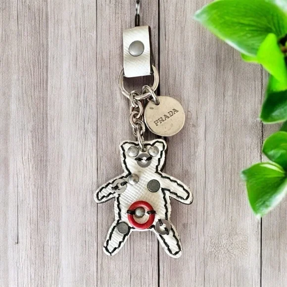 Authentic PRADA White Leather Bear Keychain Bag Charm - Picture 1 of 8